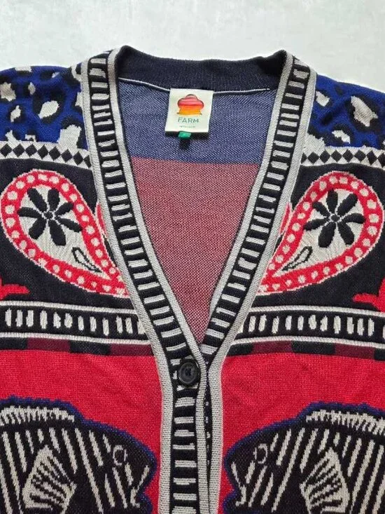 L Farm Rio x Anthropologie navy mixed prints knit cardigan sweater Fish & Hearts - Picture 4 of 11